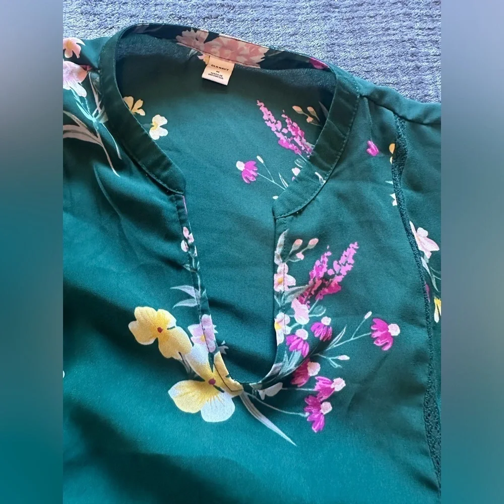 Old Navy Dress Womens Size M Green Floral Lightweight Long Sleeve Above The Knee